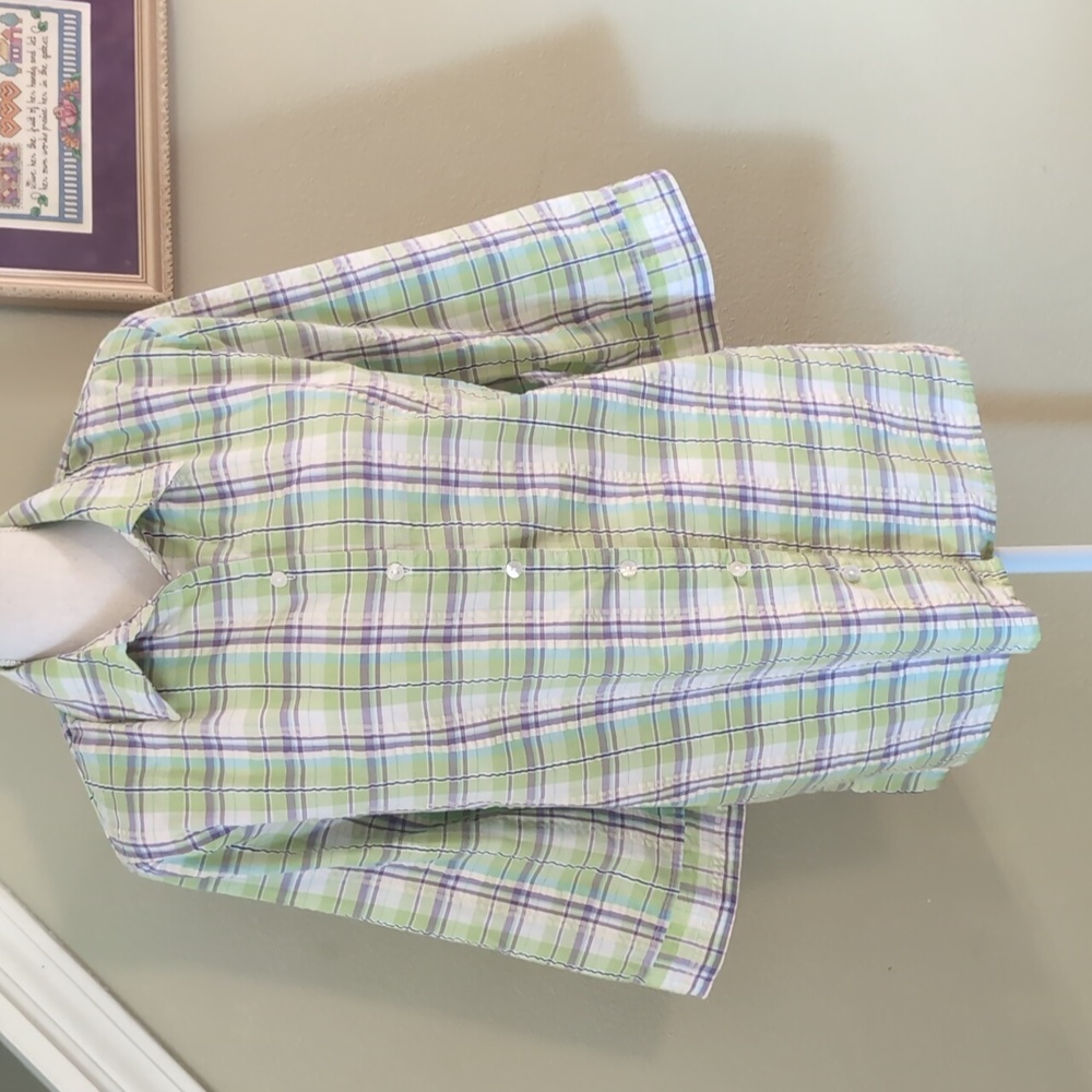 ALIA Green & Purple Plaid Button-Up Blouse 3/4 Sleeves Size 16